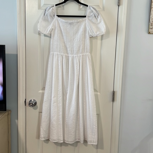 Texture Striped Puff Sleeve White Midi - Loft - S - Picture 2 of 4